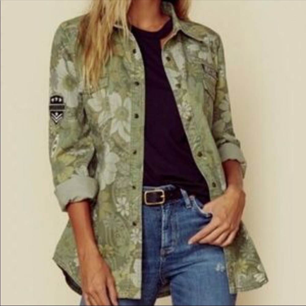 Spell Olive Green Floral Military Shirt Jacket
